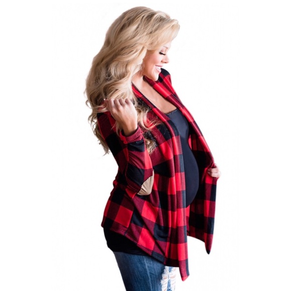 🍎🎉HP🎉🚨ONE LEFT🚨Red Plaid Elbow Patch Cardigan - Picture 2 of 6